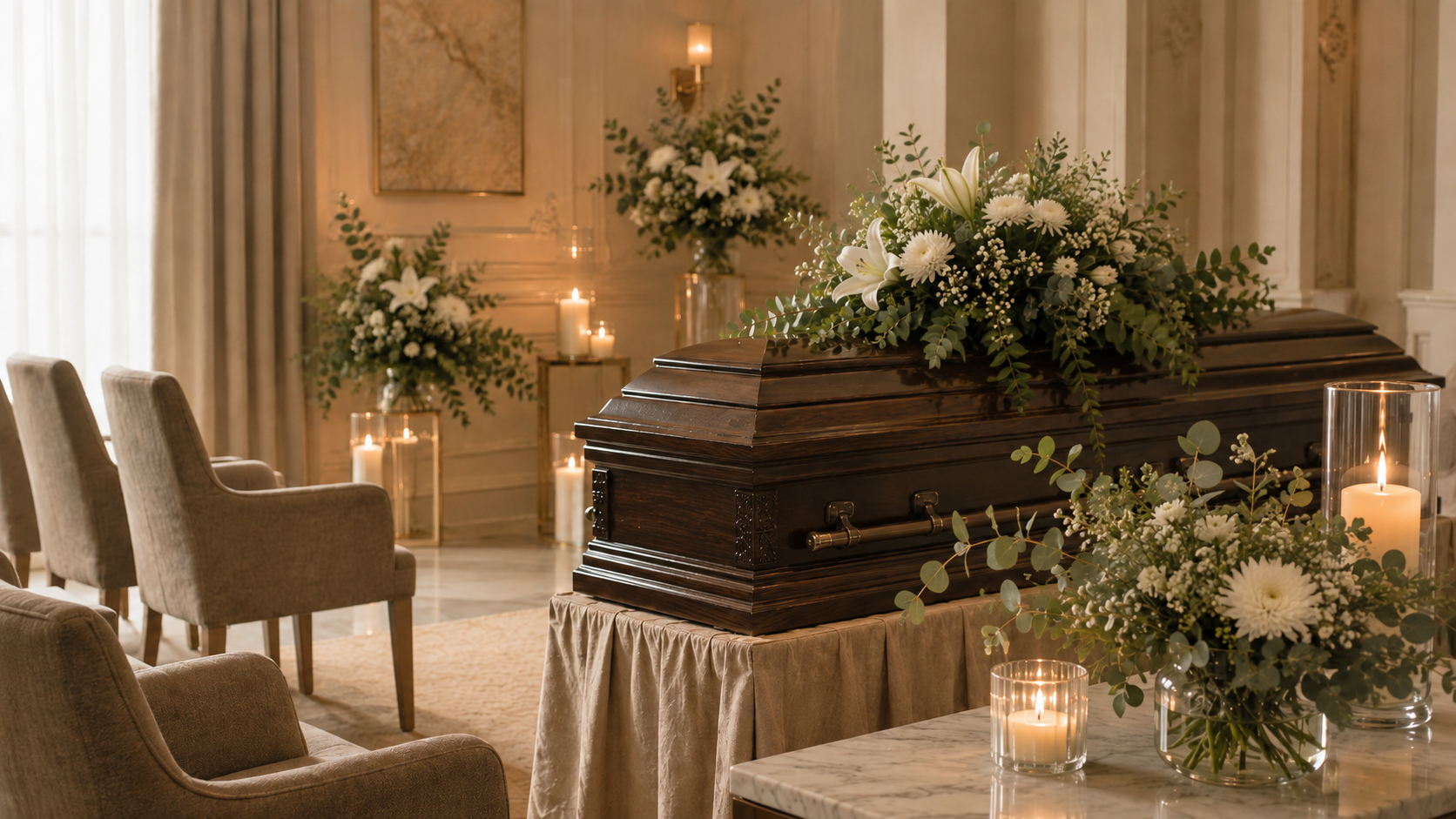 Cofano con composizioni floreali bianche in una sala per la cerimonia