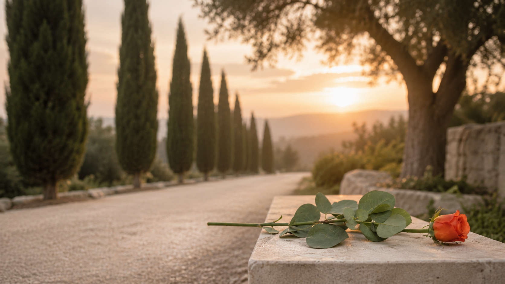 Viale di cipressi al tramonto nel territorio delle Langhe